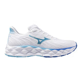 White running shoe with blue accents on a white background