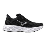 Black running shoe with white sole on a white background