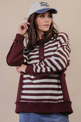 VERY J Oversized Striped Half Button Down Casual Knit Top