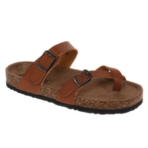 Brown sandal with two straps on a white background