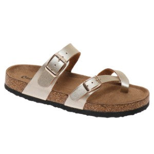 Gold sandal with cork sole on a white background