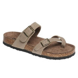 Taupe sandal with cork sole on a white background