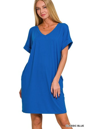 Zenana Rolled SS V-Neck Dress