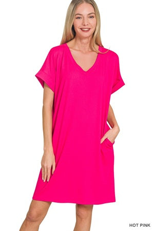 Zenana Rolled SS V-Neck Dress