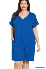 Zenana Plus Rolled SS V-Neck Dress