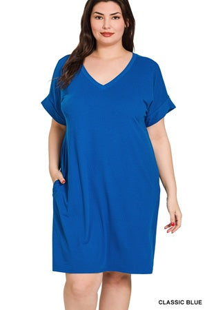 Zenana Plus Rolled SS V-Neck Dress