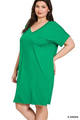 Zenana Plus Rolled SS V-Neck Dress