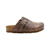 Calf leather clog with leopard print on a white background