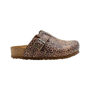 Calf leather clog with leopard print on a white background