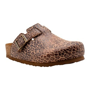 Leopard print clog shoe with a strap on a white background