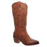Brown cowboy boot with intricate designs on a white background