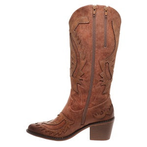 Brown cowboy boot with intricate designs on a white background