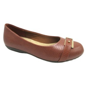 Brown flat shoe with a gold buckle on a white background