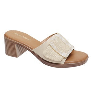 Beige sandal with a block heel on a white background