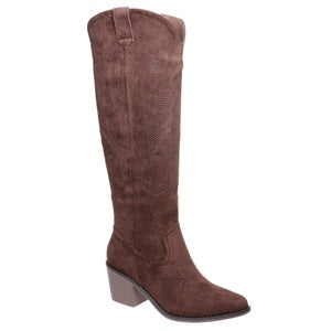 Brown knee-high boot on a white background