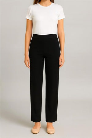 Women's black, mid rise comfort straight leg pants.