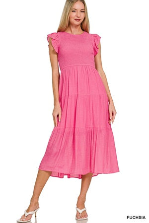 Zenana Smocked Ruffle Sleeve Midi Dress