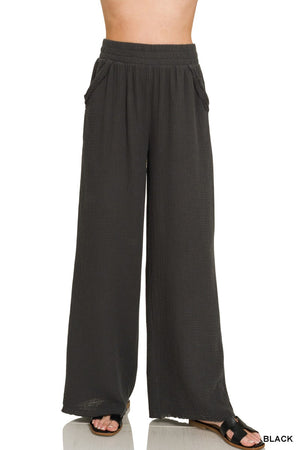 women's gauze, wide leg black lounge pants