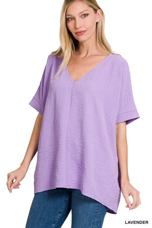 Woven V-Neck Short Sleeve Top