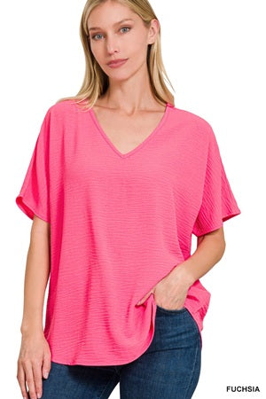Zenana Woven Airflow V-neck SS Top
