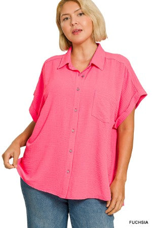 Zenana Plus Woven Button Front Top
