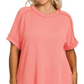 Plus Raised Rib Cuff Sleeve Raw Edge Top