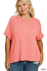 Plus Raised Rib Cuff Sleeve Raw Edge Top