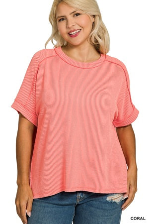 Plus Raised Rib Cuff Sleeve Raw Edge Top