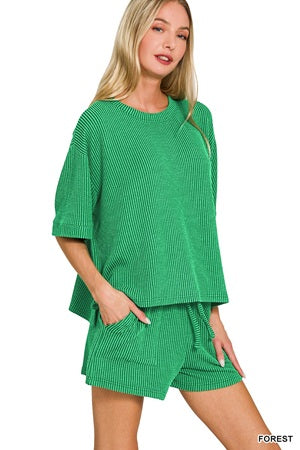 Zenana Ribbed SS Short Set