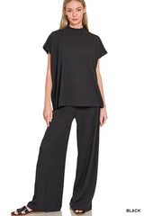 Zenana Raised Ribbed SS Tee & Pant Set