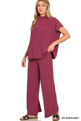 Zenana Raised Ribbed SS Tee & Pant Set