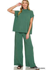 Zenana Raised Ribbed SS Tee & Pant Set