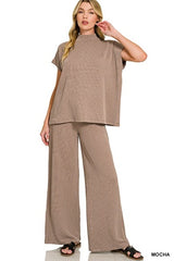 Zenana Raised Ribbed SS Tee & Pant Set
