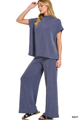 Zenana Raised Ribbed SS Tee & Pant Set