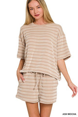 Zenana Striped Ribbed Shorts Set