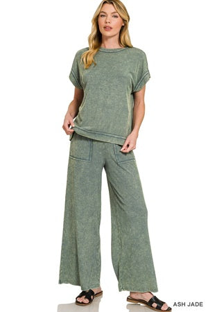Zenana Ribbed Acid Wash Pant Set