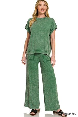 Zenana Ribbed Acid Wash Pant Set