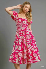 Umgee Smocked Tropical Puff Sleeve Midi Dress