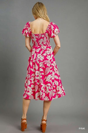 Umgee Smocked Tropical Puff Sleeve Midi Dress