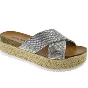 Silver sandal with jute sole on a white background