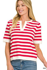 Zenana Split Neck Stripe Short Sleeve Sweater
