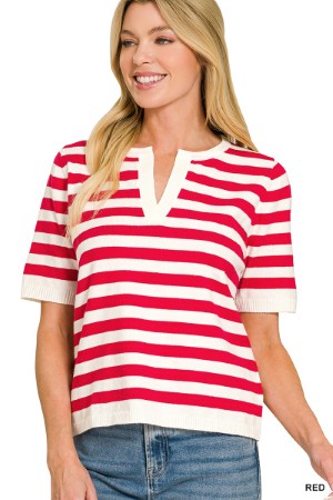 Zenana Split Neck Stripe Short Sleeve Sweater