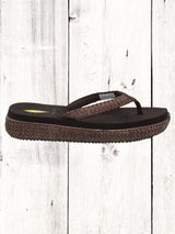 A pair of beige flip flops with a woven raffia upper and a low platform sole.