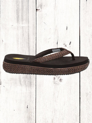 A pair of beige flip flops with a woven raffia upper and a low platform sole.