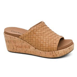 Tan woven wedge sandal on a white background