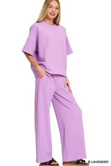 Zenana Ribbed Round Neck Tee Pant Set