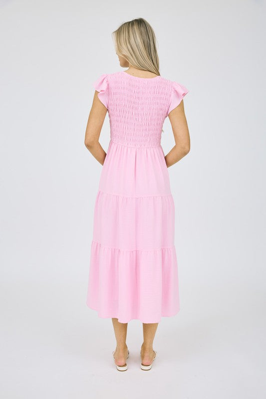 V-Neck Flutter Sleeve Dress