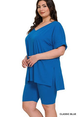 Zenana Plus V-Neck Hi-Low Hem Short Set