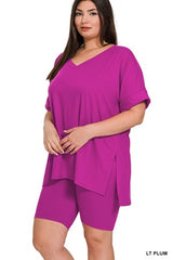 Zenana Plus V-Neck Hi-Low Hem Short Set