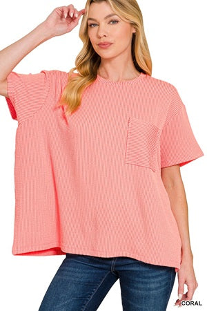 Zenana Raised Rib SS Front Pocket Top